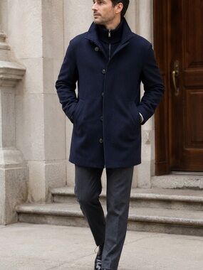 Cardinal of Canada Wool Blend Car Coat Navy Hidden Placket Quilted Lined L 42-44